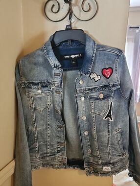 Karl Lagerfeld Light Blue Washed Denim Jacket with Patch Details
